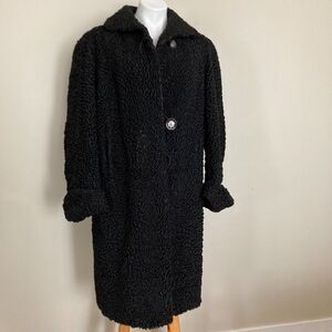 Vintage Black Curly Shearling Opera Swing Coat With Silk Lining Size XL - AS IS
